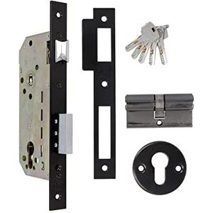 Amig Insteekslot met veiligheidscilinder en sleutelgat + 5 sleutels | voor toegangsdeuren van staal | zwarte afwerking | omkeerbare drukknop | voor deurgreep van 8 mm