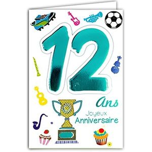 Age Mv 69-2012 wenskaart voor verjaardag, 12 jaar, rug, jongens, meisjes, motief winningsschaal, champion, cake, cupcakes, muziekinstrumenten, voetbal