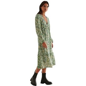 NA-KD Dames ballonmouwen midi ruches jurk casual, Groene Bloem, 42 NL