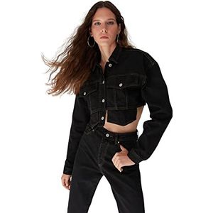 Trendyol Dames Shirt Kraag Plain Crop Jacket Jas, Zwart, L, Zwart, L
