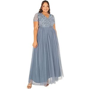 Maya Deluxe Maxi-jurk voor dames, bruidsmeisje, V-hals, baljurk met korte mouwen, lang, elegant, empire-taille, bruiloft, Dusty Blauw, 38