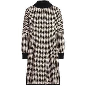 Apart extravagante damesjurk, gebreide jurk, zakelijke jurk, pied-de-poule patroon, split aan de zijkant, karamel zwart, S