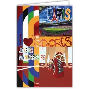 65-1420 Gelukkige verjaardagskaart I love sports rood glanzend met envelop 12 x 17,5 cm atletiek hardlopen basketbal stadion JO Olympische spelen Parijs creatie editie print gemaakt in Frankrijk