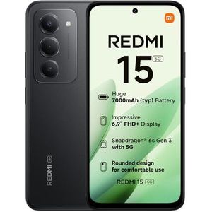 XIAOMI Redmi 15 5G, Smartphone 8+256GB, 6,9"" FHD+ DotDisplay 144Hz, Snapdragon® 6s Gen 3, 6nm-proces, Octa-core CPU, 50MP Hoofdcamera, 7000mAh, Zwart, Oplader niet inbegrepen