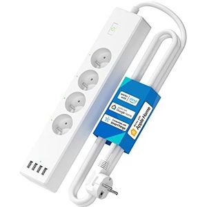 Stekkerdoos (type E), 16 A wifi-stekkerdoos compatibel met Apple HomeKit, Alexa en Google Home (4 AC-stopcontacten en 4 USB-poorten), intelligente stekkerdoos met spraakbesturing en afstandsbediening