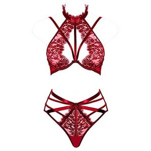 Dames lace lingerie set, Strappy choker beha und hoge taille panty 2-teiliges Set, Kersenrood, 80B