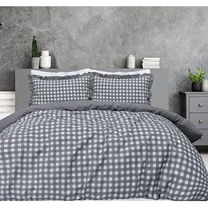 Sleepdown Gingham Check Grijs Plain Omgekeerde Zacht Gemakkelijk Onderhoud Dekbedovertrek Quilt Beddengoed Set Met Ruche Rand Kussenslopen -Dubbel (200cm x 200cm)