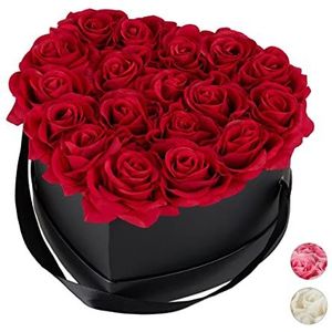Relaxdays flowerbox hart, 18 rozen, zwarte rozenbox, bruiloft, Valentijnsdag, rozen in doos, decoratie, rood