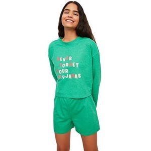 Trendyol Dames vrouw met slogan geweven pyjama set, Kaki, XL