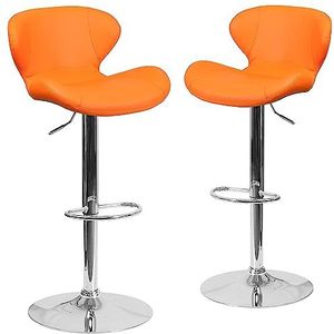 Flash Furniture Moderne barkruk, in hoogte verstelbaar, met gebogen rugleuning en chromen voet, 2 stuks, metaal, schuim, multiplex, chroom, oranje vinyl, set van 2