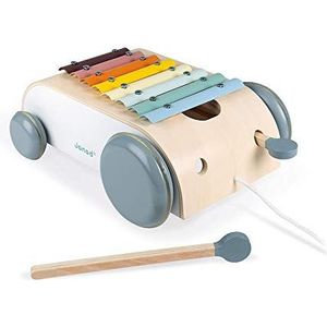 Janod - Wooden Xylo Roller - Sweet Cocoon Collection - Musical Early-Years Toy, Painted with Water-Based Paint Pull-Along Toy - from 18 Months Onwards, J04406