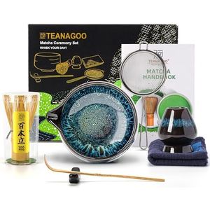 TEANAGOO Matcha gardeset, 7-delige matcha-set, matcha-set voor ceremonie, matcha-theeset voor het maken van ontbijt/matcha latte, keramische matcha-kom met tuit en garde, cadeau voor matcha-liefhebber