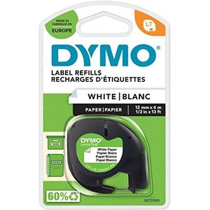 DYMO authentieke LT papieren labels | 12 mm x 4 m op rol | Zwart afdrukken op witte labels | Voor LetraTag-labelmakers