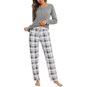 Litherday Pyjama dames lange katoenen pyjama geruit nachtkleding winter pyjama set tweedelige ronde hals sleepwear, lichtgrijs, M