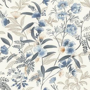 Rasch Behang 869125 - Vliesbehang met bloemen en bladeren in blauw, goudgeel, bruin en wit uit de collectie Symphony - 10,05 m x 0,53 m (LxB)