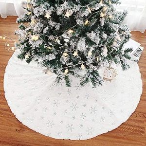 BAKAJI Tapijt voor kerstboom, diameter 78 cm, van zacht pluche, wit, sneeuweffect met sneeuwvlokdecoratie, kerstdecoratie (zilver)