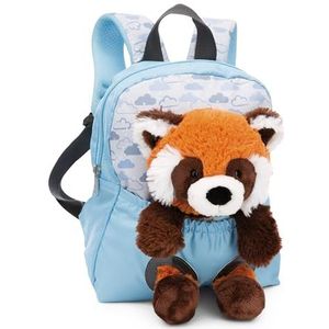 Rugzak 21x26 cm lichtblauw met knuffelpluche rode panda 25 cm - Afneembaar pluche speelgoed, zacht en pluizig - kleuterrugzak met knuffeldier voor 2-5-jarige jongens en meisjes