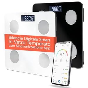 Wintem - Intelligente digitale weegschaal van gehard glas met app voor volledige lichaamsanalyse, groot lcd-display, step-on-technologie en meergebruikersfunctie voor controle van het gewicht