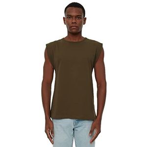Trendyol Heren Khaki mannen basic reguliere pasvorm 100% katoen ronde kraag nul mouw Athlet T-shirt, medium