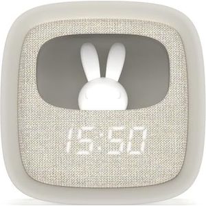MOB – MOBILITY ON BOARD Billy Clock wekker en nachtlampje voor kinderen, konijnenmotief, voorkant stof, soft-touch kunststof frame, datum, tijd en 3 alarmen (grijs)