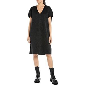 Replay Dames regular fit jurk glitter korte mouwen katoen, 040 Black Lurex, S