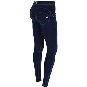 FREDDY WR.up® Superskinny broek in normale taille en lengte van donker denim jersey, Donkere jeans met gele naden., XXS