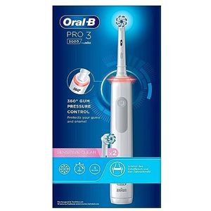 Oral-B PRO 3 3000 Elektrische tandenborstel/elektrische tandenborstel, 2 Sensitive Clean opzetborstels, 3 poetsmodi en visuele 360° drukcontrole voor tandverzorging, cadeau voor man en vrouw, wit
