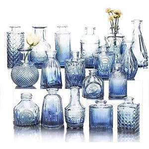 Set van 18 blauwe bud vazen voor bloemen, vintage heldere glazen vazen kleine vazen voor centerpieces voor thuis tafel decor rustieke bruiloft decoraties