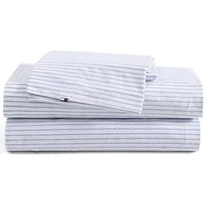 Tommy Hilfiger - Lakenset, beddengoed van katoen percal met bijpassende kussenslopen, knapperig en cool, premium kwaliteit Home Essentials (monogram gestreept blauw, 2 aparte bedden)