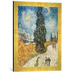 Ingelijste afbeelding van Vincent Van Gogh Cypressenweg onder de sterrenhemel, kunstdruk in hoogwaardige handgemaakte fotolijst, 40 x 60 cm, Gold Raya