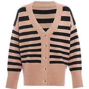 Blonda Dames enkele rij gestreepte gebreide cardigan met V-hals acryl beige zwart maat M/L, beige-zwart, M