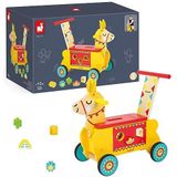 Janod - Wooden Llama Ride-On for Children - Silent Wheels - Storage Compartment and 6 Blocks Included - Learning Balance - For children from the Age of 1, J08004, Yellow and Red