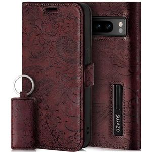 SURAZO Slim magnetische telefoonhoes voor Google Pixel 8 Pro, leren hoes – inklapbaar echt lederen beschermhoes [kaartenvak, RFID-bescherming, bloemenpatroon] klaphoes wallet case cover leren hoes