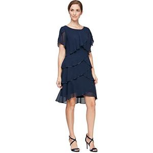 S.L. Fashions Women's Short Tulip Sleeve Tiered Chiffon Cocktail Dress, Wedding Guest Gown (Petite and Regular Sizes), Navy Beaded Trim, 18