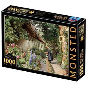 D-TOYS 77646 Puzzel 1000 Peder MØNSTED_An Old Woman Watering The Flowers Behind a Thatched Boerderij