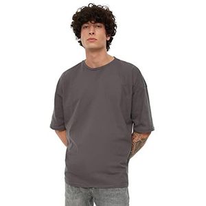 Trendyol Heren Antraciet Basic 100% Katoen Ronde kraag Oversize T-shirt met korte mouwen, Antraciet, Large