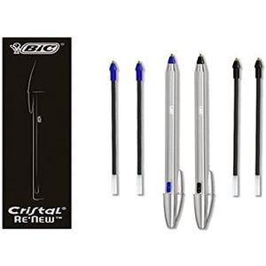 BIC Cristal Re'New Gift Box, navulbare balpen van metaal, blauw en zwart, 2 pennen + 4 vullingen, voor school en kantoor