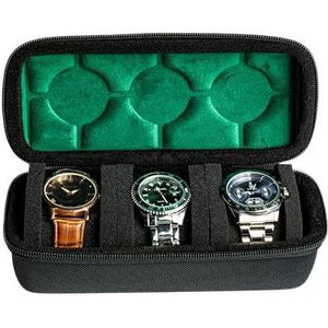 AUKURA Hard horloge reiskoffer, 3 sleuven Horloge Roll Case Opslag en Organizer voor Mannen en Vrouwen, met anti-move horloge kussen (zwart 3slot met groene voering)
