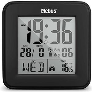 MEBUS digitaler Funk-Wecker mit Thermometer, Beleuchtung und Kalender, kompakt & stabil/Farbe: Schwarz/Modell: 25595
