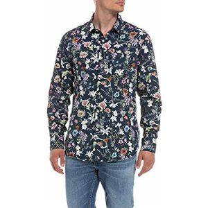 Replay Herenhemd met lange mouwen van katoen, 010 Blauw Met Print Bloemen, M