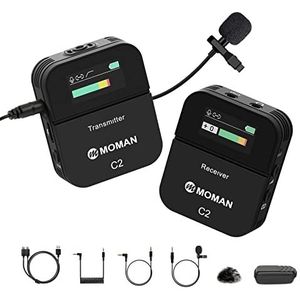 Moman C2 Draadloze microfoon met TFT-display voor DSLR-camera, camcorder, laptop en tablet, microfoon, draadloos, lipje, micro-stropdas