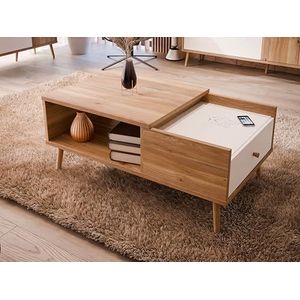 FORTE HARLLSON EasyKlix by Salontafel houtdecor: Mauvella eiken met wit, woonkamertafel met 1 lade, Modern Mid Century stijl, hoge houten poten, 106 cm breed x 45 cm hoog x 60 cm diep