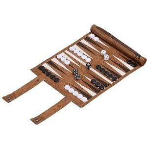 Relaxdays backgammon reiseditie, oprolbaar, met speelstenen en dobbelsteen, BxD: 32 x 26 cm, kunstleer, bordspel, bruin