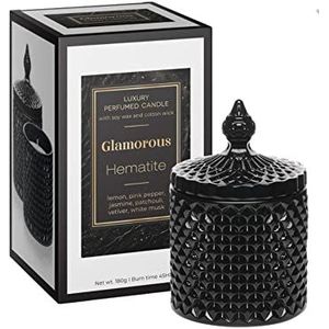 Geurkaars Glamorous Hematiet in decoratief zwart glas, geur: citroen, roze peper, jasmijn, patchouli, vetiver, witte muskus, grootte: H/Ø 14 x 8 cm, 180 g