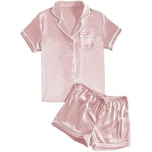 LYANER Women's Satin Silky Short Sleeve Button Shirt Sleepwear 2Piece Pajama Set Solid Pink Medium