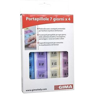 GIMA Pillendoos wekelijks, 7 vakken met Italiaanse dagen en 4 verschillende kleurvakken voor ochtend, middag, middag en avond, van robuust kunststof, 41506