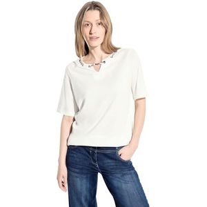 T-shirt - Casual Modern - Katoen-Modal Jersey - Wit - Korte Mouwen, Uitsparing met Gleuf, Elastische Tailleband, Kleurrijk Stringdetail