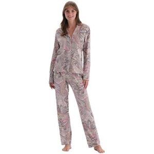 Dagi Dames shirt met lange mouwen kraag paisley patroon gebreide pyjama pak pyjama set, Meerkleurig, 3XL