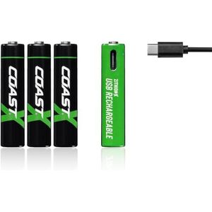 Coast ZITHION-X AAA USB-C batterijen, lithium-ion 1,5 V 750 mAh, duurzaam, laadt in minder dan 1 uur, meer dan 1000 laadcycli, inclusief oplaadkabel, 4 stuks
