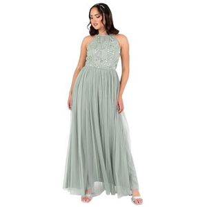 Maya Deluxe Maxi-jurk dames halternek mouwloze bloemen pailletten verfraaid tule A-lijn bruidsmeisje prom baljurk, groene lelie 22, Groene Lelie, 48